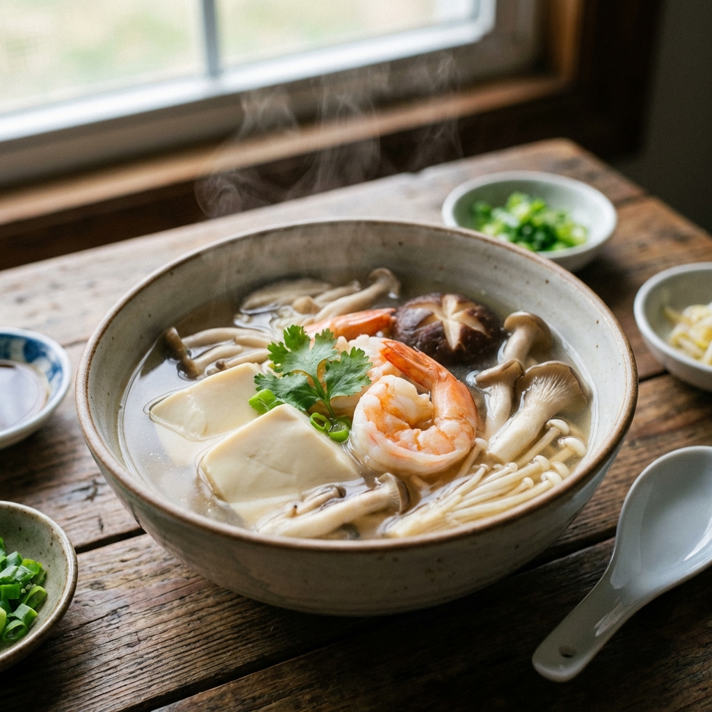 豆腐鲜虾菇菌汤